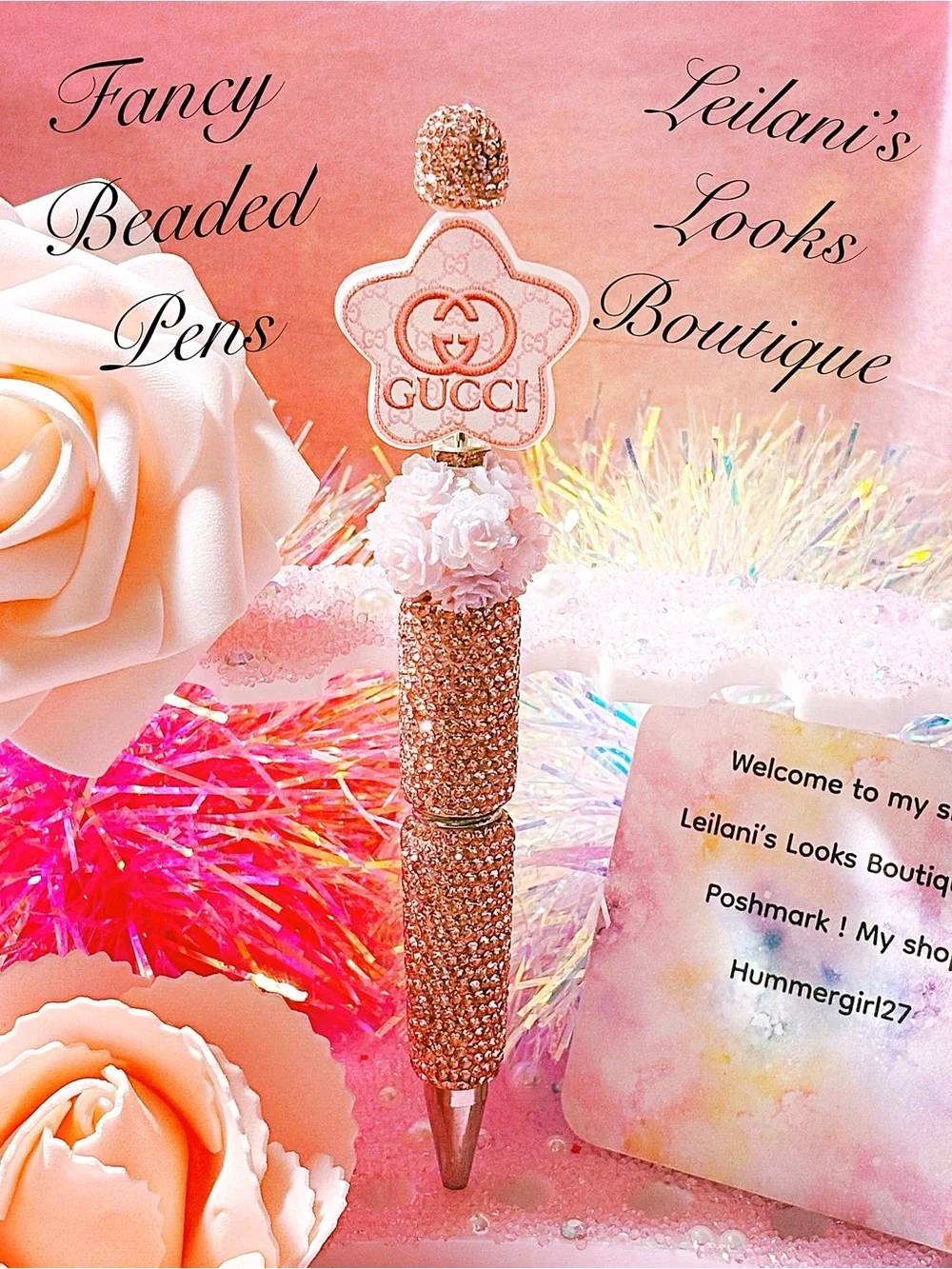 Fancy beaded Pen/gifts/pink star/pink and blue flower/girly